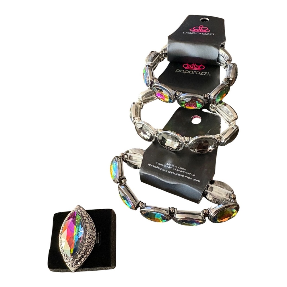 Paparazzi Diva In Disguise Oil Spill Bracelet Ring Set Iridescent Silver Multi